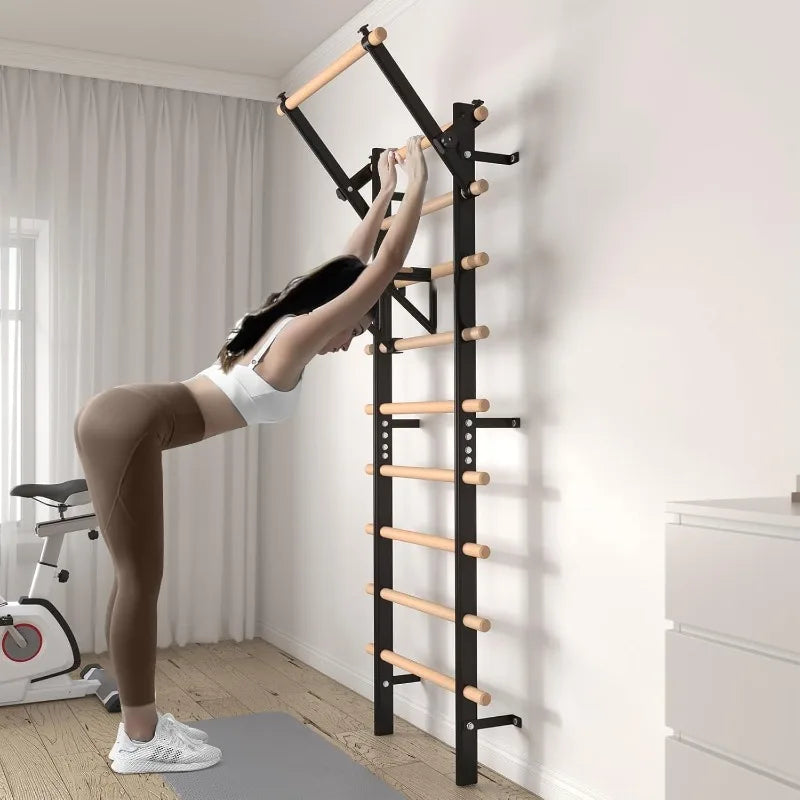 Wooden Stall Bar with Pull-Up & Dip Attachments – 9-Rung Home Gym Wall Bars