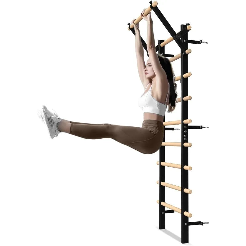 Wooden Stall Bar with Pull-Up & Dip Attachments – 9-Rung Home Gym Wall Bars