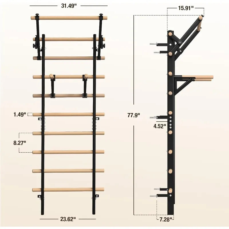 Wooden Stall Bar with Pull-Up & Dip Attachments – 9-Rung Home Gym Wall Bars