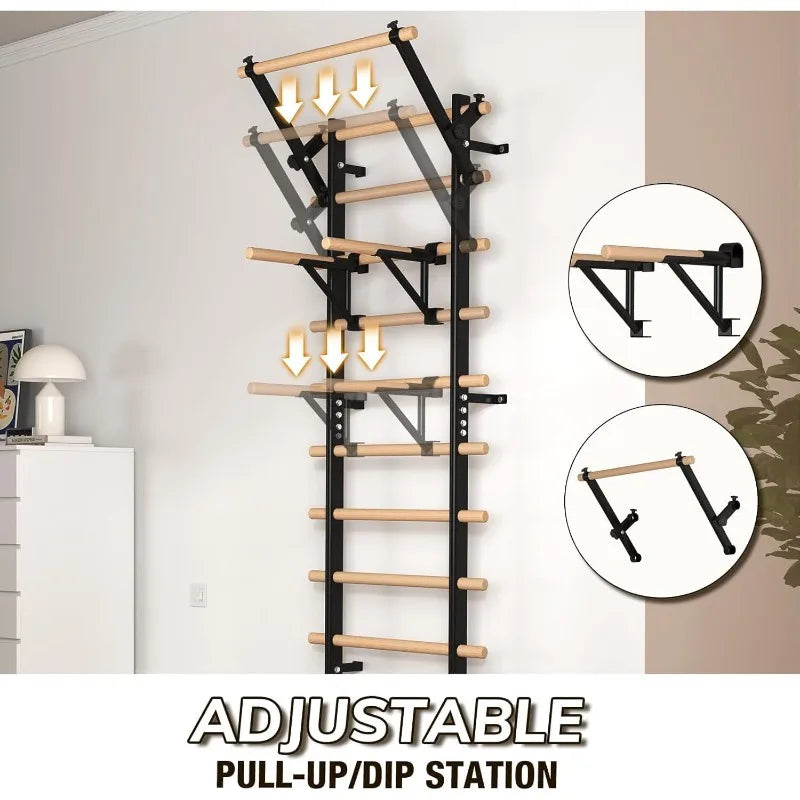 Wooden Stall Bar with Pull-Up & Dip Attachments – 9-Rung Home Gym Wall Bars