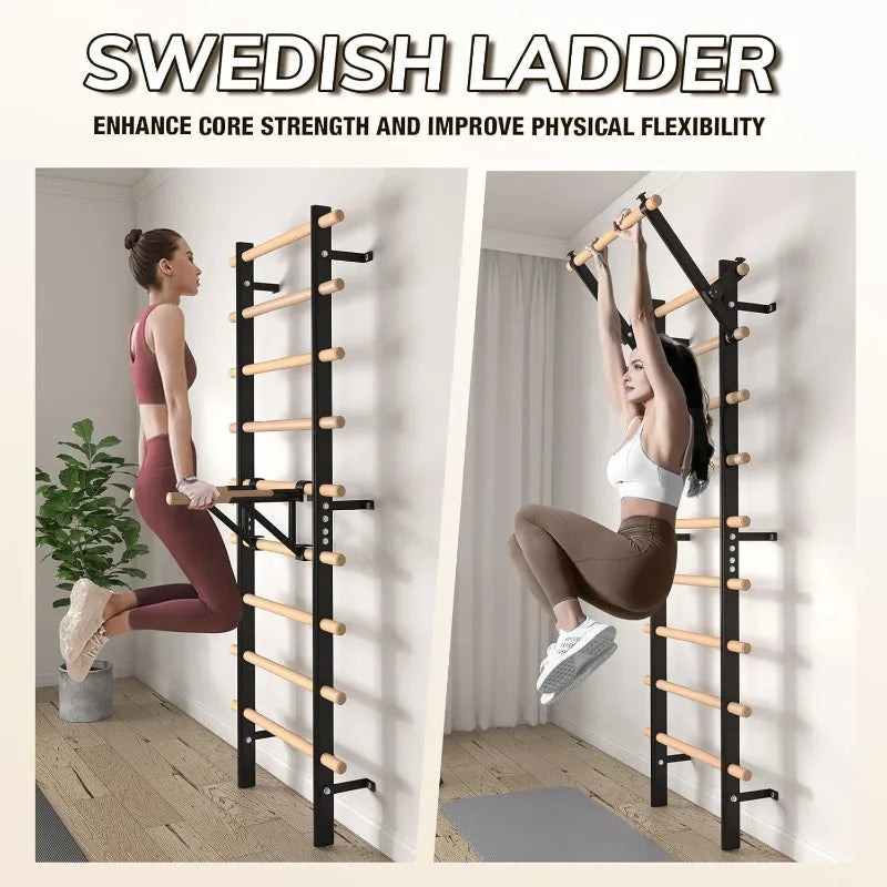 Wooden Stall Bar with Pull-Up & Dip Attachments – 9-Rung Home Gym Wall Bars