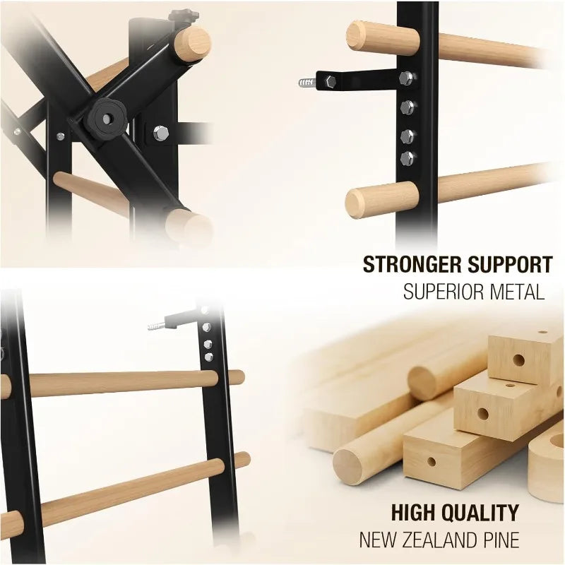 Wooden Stall Bar with Pull-Up & Dip Attachments – 9-Rung Home Gym Wall Bars